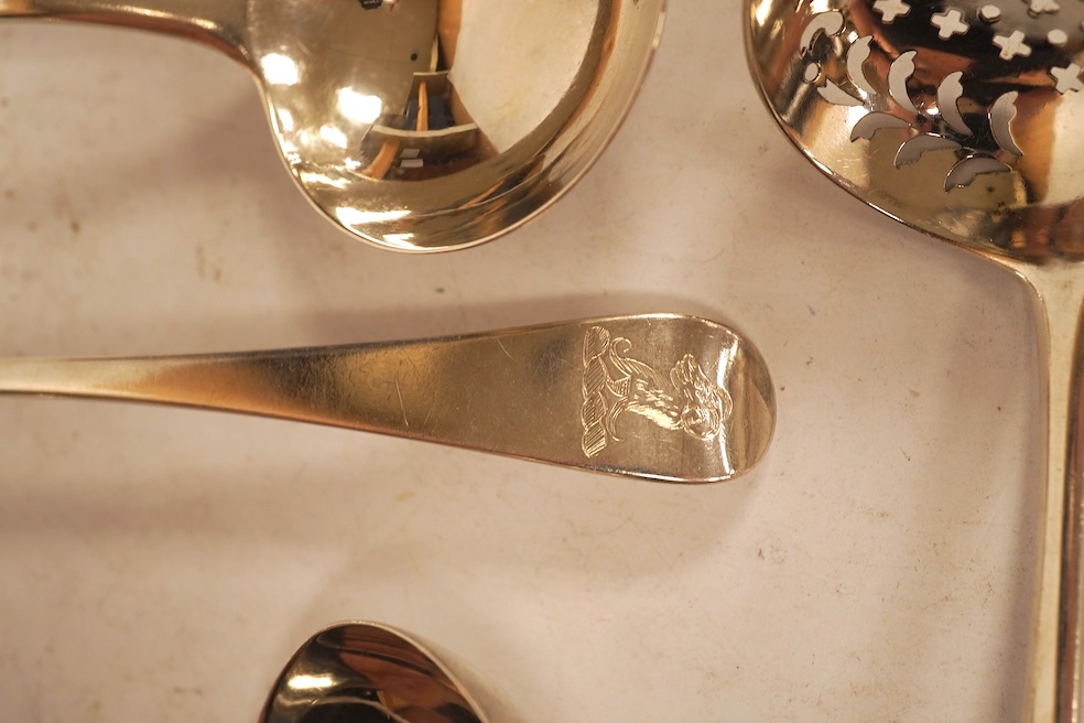 Two pairs of George III silver Old English pattern sauce ladles, Robert Sallam, London, circa 1770, 16.6cm and William Sumner I, London, 1788, together with a George III silver sifter spoon, by Eley & Fearn, London, 1796